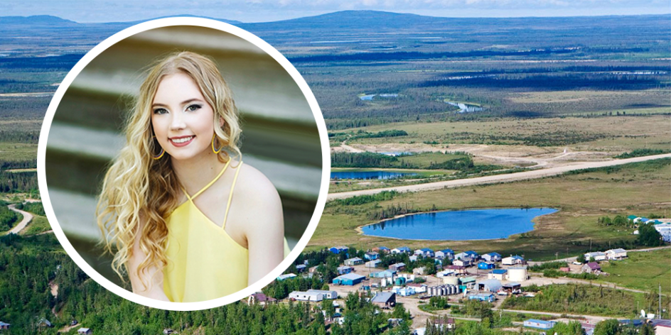 Senior student Bridgette Burrus is white with blonde curly hair. She's wearing yellow. Her portrait is imposed on an image of Shungnak, Alaska in summer: it's green and wooded, with a little town in the bottom of the image, a lake in the middle, and a mountain range at the top. 