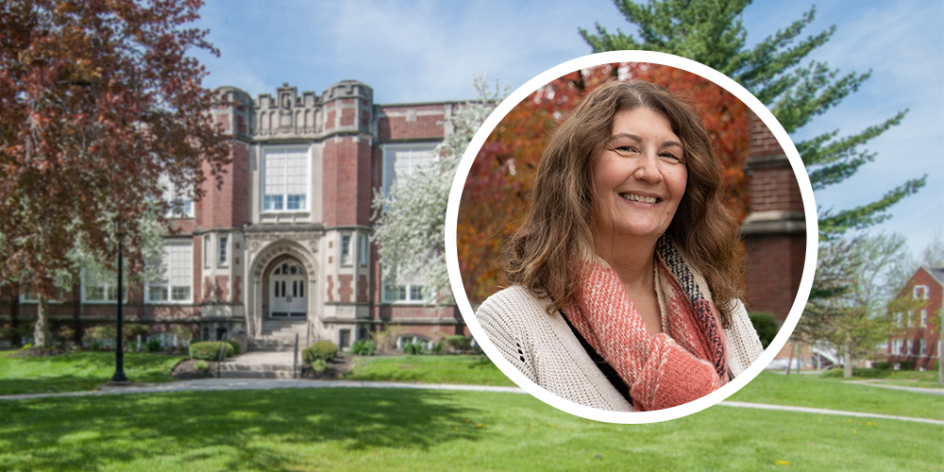 Aigler Alumni building (an ornate brick building) with Dr. Ginny Gregg's headshot imposed.