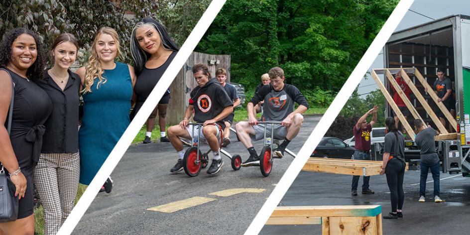 three images, one with four students dressed in business formal attire, one with students riding tricycles, one with students loading framework for a house into a truck