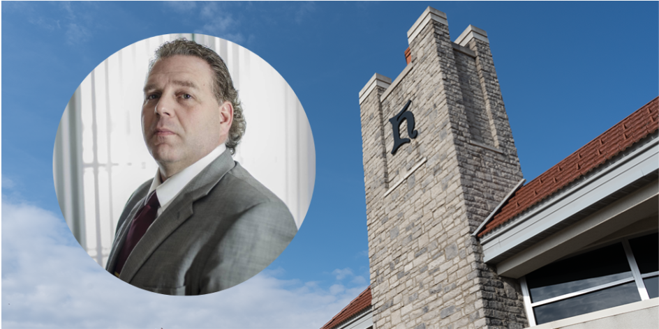 Bill Kimberlin's headshot superimposed on an image of the University common's chimney